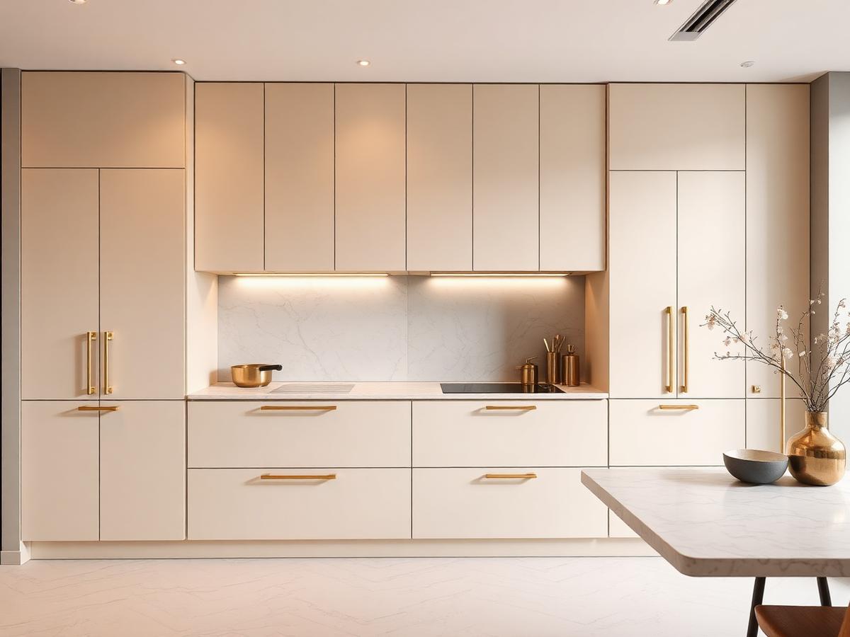 Minimalist modular kitchen with brass hardware