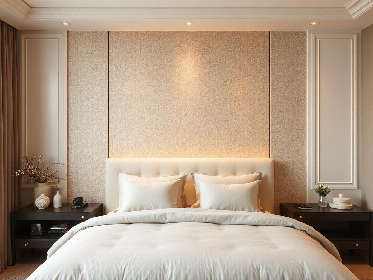 Textured wallpaper feature wall in bedroom
